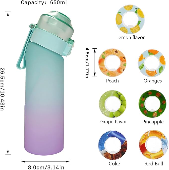 Water Bottle with 7Pcs Air Flavor Pods, Air Bottle Pods Water Bottle, Flavor Caps with Water Bottle, Fruit Scent Pods for Outdoor Sport(Blue-Purple Gradient Color-7 Pods)