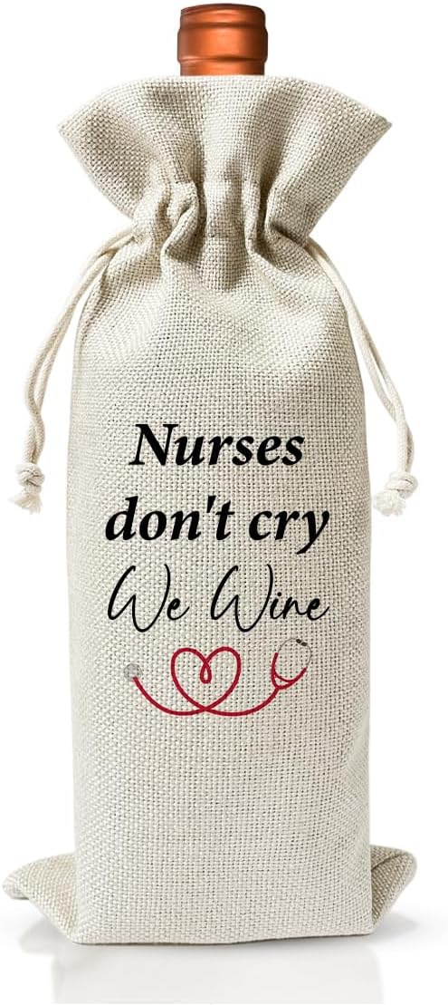 Nurse Don't Cry We Wine, Nursing School Graduation Gift Wine Bag, Med School Graduation Party Decoration Favors, Nurse Survival Kit Bag, Nurse Day Nurse Week Gift Bag For Women, Linen Wine Bag