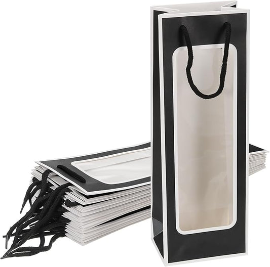 uxcell Wine Bags, 20pcs 4.92"x3.35"x14.2" Wine Gift Bags with Rope Handles, Paper Wine Tote Bag with Clear Window for Wedding Birthday Christmas Party Supplies, Black White