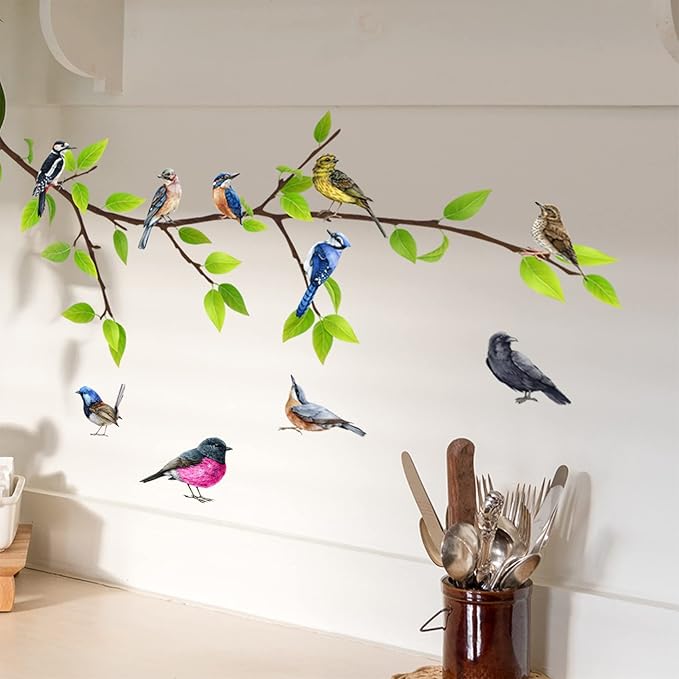 Hummingbird on The Tree Branch Wall Sticker, Colorful Birds Green Tree Decals, Removable Green Leaf and Flying Bird DIY Art Wall Decal for Garden Living Room Bedroom Kitchen Nursery Room