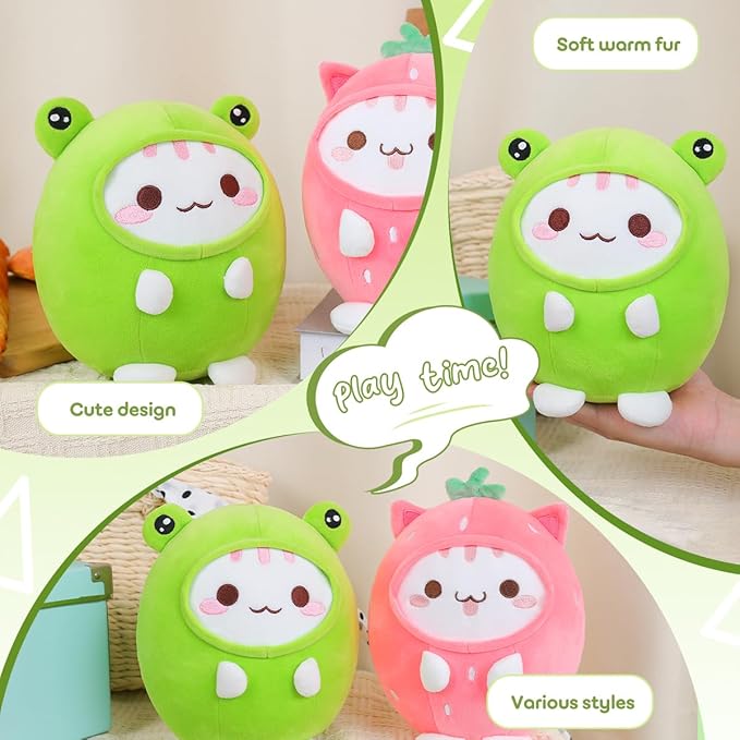 Cute Plush Frog Cat Stuffed Animal Pillow, 8" Soft Kawaii Kitten Plushie with Frog Outfit Gift for Kids