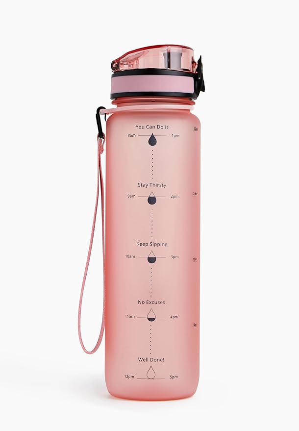 Motivational Water Bottle with Time Marker | 32oz Daily Water Intake Bottle | Gym Sports Water Bottle | Fruit Infuser Screen | 1 Liter BPA-Free Durable Leakproof with Eco-Friendly Brush (Rose)
