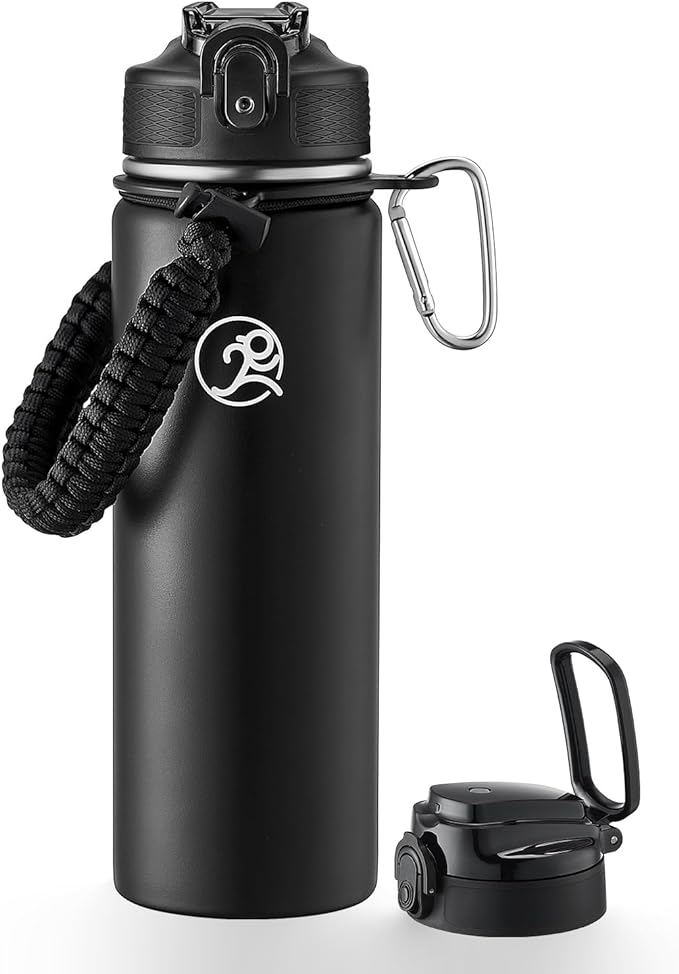 GOSWAG Insulated Sports Water Bottle, 24oz 2 Lids(with Straw/No Straw), Stainless Steel Water Bottles with Paracord Handle, Insulated Thermos with Double-Wall Vacuum Insulation