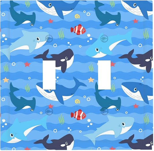 Sharks and Ocean Fish Double Toggle Light Switch Covers 2 Gang Wall Plate Dual Decorative Switchplate Electrical Faceplate for Bathroom Country Kitchen Bedroom Decor, 4.9" x 5"