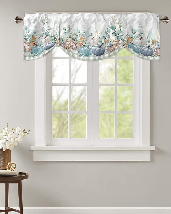 Fall Thanksgiving Blackout Tie Up Valance Curtains for Kitchen Windows Navy Blue Pumpkins Green Eucalyptus Leaves Window Toppers Balloon Shades for Living Room/Bathroom/Bedroom,60" X 18",Sage Plaid