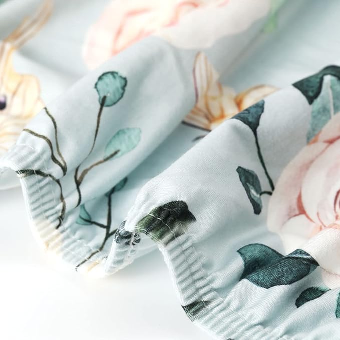 GRSSDER Stretchy Ultra Soft Jersey Knit Fitted Pack n Play Sheets Set 2 Pack, Portable/Mini Crib Sheets for Girls, Watercolor Flowers and Fruits