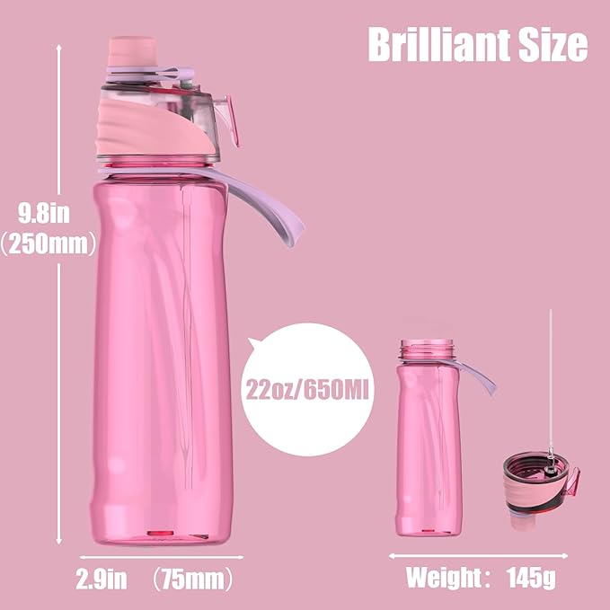 FEIJIAN Mist Water Bottle,22oz Sports Water Bottle with 2-IN-1 Mist & Sip Function, BPA-Free Plastic Water Bottles, Misting Water Bottle, Leakproof & Lightweight, Ideal for Fitness and Outdoor, Pink