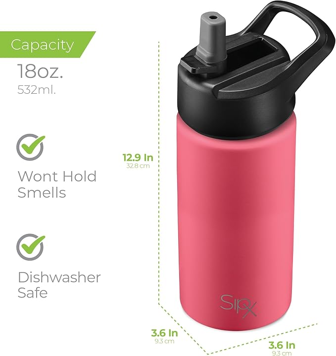 SipX™ Triple-Insulated Stainless Steel Water Bottle 18oz. With 3 Lids, BPA-Free Reusable Insulated Water Bottle Keeps Cold 24 Hours, Metal Water Bottle Made Of Sustainable Material For Hiking & Biking