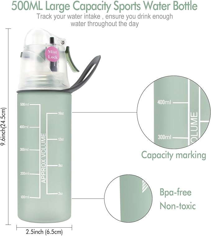 Misting Water Bottle, Spray Mist Sports Bottle for Outdoor Sport Hydration and Cooling Down, BPA-Free Misting Water Bottle with Unique Mist Lock Design (Green-18oz)