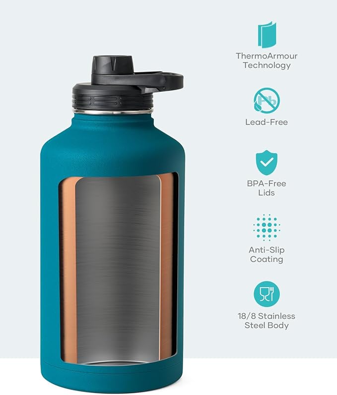 BUZIO Water Bottle with Straw lid, Spout Lid, Hand Lid and Carrying Pouch, 32oz 40oz 64oz Stainless Steel Water Flask Jug, Cold for 48 Hrs Hot for 24 Hrs Double Vacuum Thermo Canteen Mug, BPA-Free