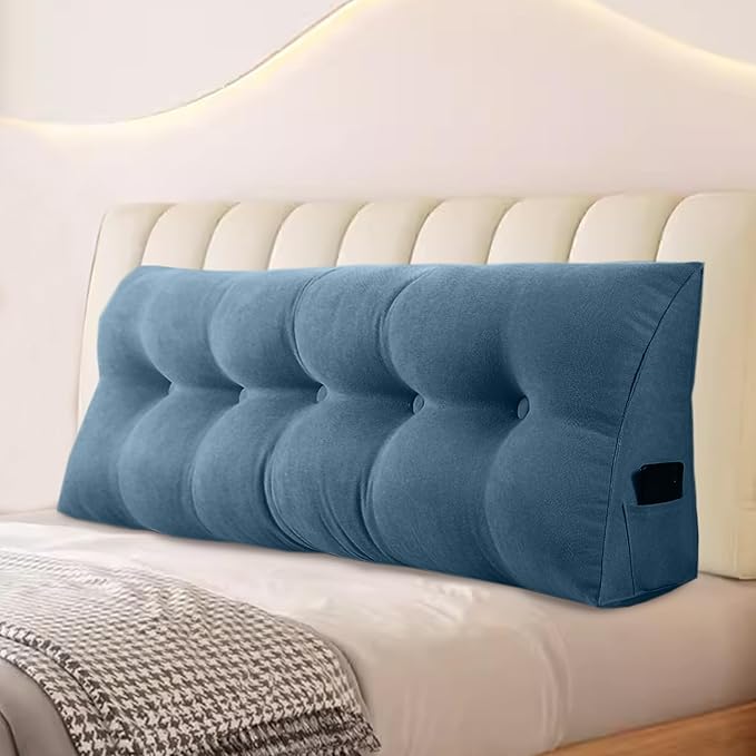 Large Triangular Headboard Pillows Long Backrest Positioning Support Bolster Cushion for Daybed Fluffy Quality Plush Body Wedge Pillow with Removable Cover(Dark Blue-Cal King-71x8x20 in)
