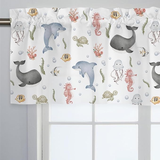 Sea Animals Valances 54''x18'' Whale Dolphin Jellyfish Sea Horse Turtle Fish Coral Kids Toddler Baby Nursery Bedroom Decor Drapes Rod Pocket Short Curtains for Living Room Bathroom Kitchen 1 Pack