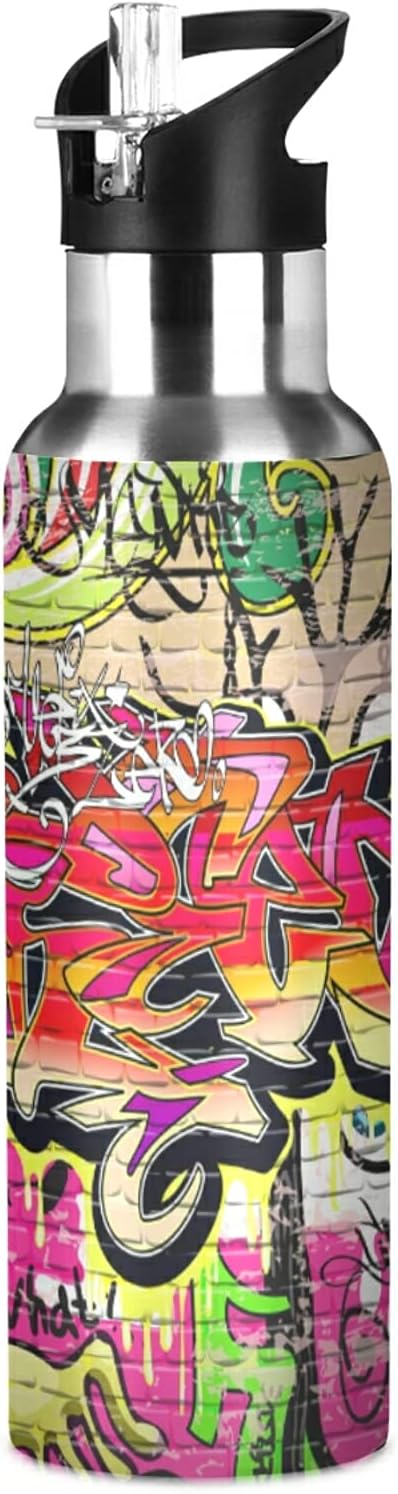 xigua Graffiti Wall Water Bottle, BPA Free Stainless Steel Water Bottle Leak-Proof Sports Bottle for Camping Workouts Gym and Outdoor Activity, 22oz
