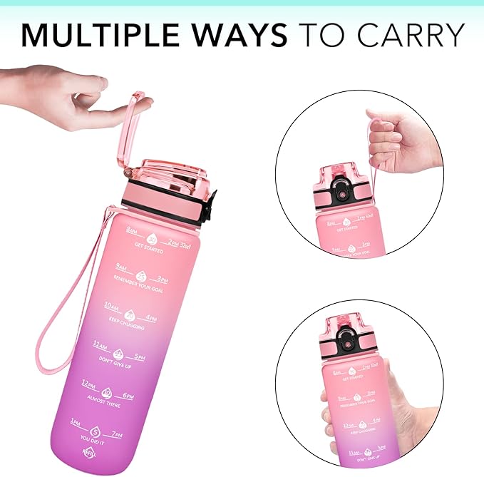 GOSWAG 32oz Motivational Water Bottles with Time Marker and Fruit Strainer, Sports Water Bottle with Times to Drink, Leakproof, Reusable Plastic Bottle with Strap no Straw for Gym, School