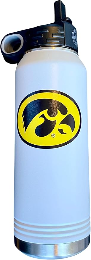 Game Day Outfitters University of Iowa 32oz Stainless Steel Double Walled White Beverage Bottle with Flip Straw Spout - College Gear for Playoff Season – Show your Hawkeye Pride