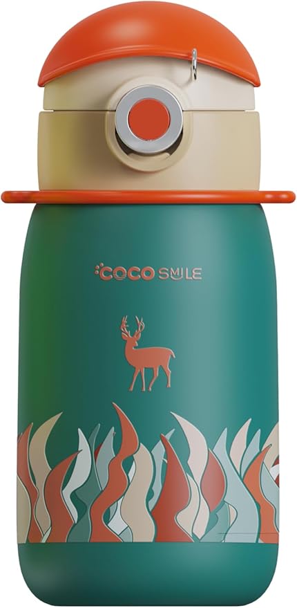 Deer Thermal Vacuum Insulated Water Bottle with Straw & lid - Durable & Premium Design - Easy Open Button, Food Grade Stainless Steel - Dishwasher Safe kids cup (17 Oz)