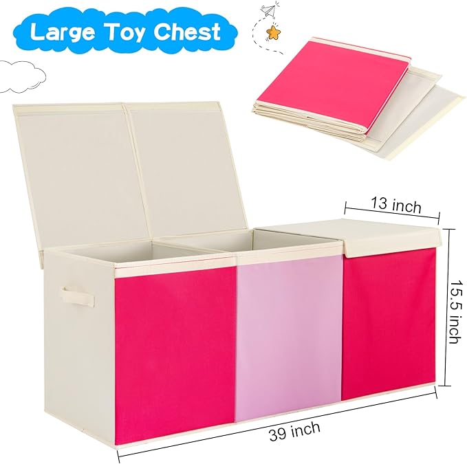 Large Toy Box Chest with Lid, Oxford Collapsible Sturdy Toy Storage Boxes Bins Baskets for Boys, Girls, Closet, Playroom, Nursery Room, 39"x15.5"x13" (Pink & Red)