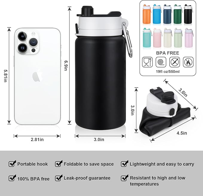 Collapsible Water Bottle, Foldable Water Bottle BPA Free Reusable Lightweight Leak-Proof Travel Silicone Water Bottle for Travel, Gym, Hiking, Office, Camping