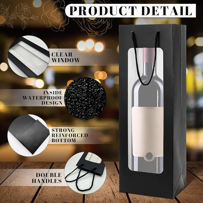 ALMOXVYE 34 Pack Wine Gift Bags with Handles, 14.2 x 4.9 x 3.4 Inch Paper Wine Bottle Bags with Clear Window, Black Wine Bags Bulk for Christmas Wedding Birthday Anniversary