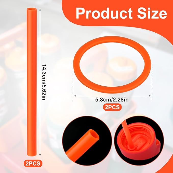2pcs Replacement Straws with 2pcs Replacement Gasket, Reusable Straws Lid Seal Rings Bottle Straws Replacement Parts Accessories Compatible with Gatorade 12oz Kids' Rookie Metal Water Bottle(Orange)