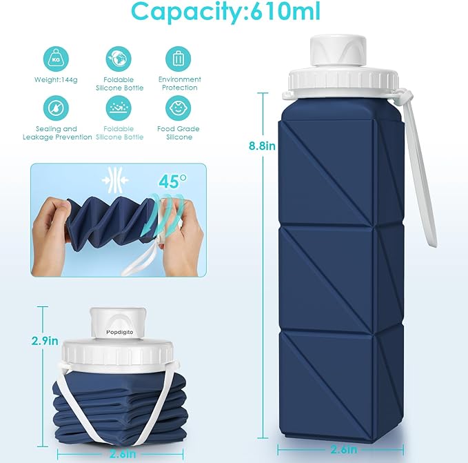 Collapsible Water Bottles 20.7oz Leakproof with Straw Lid Food-Grade BPA-Free Silicone Travel Foldable Water Bottles for Sports Office Gym Hiking Driving 610ML (Pink+Nave Blue+Green+Grey)