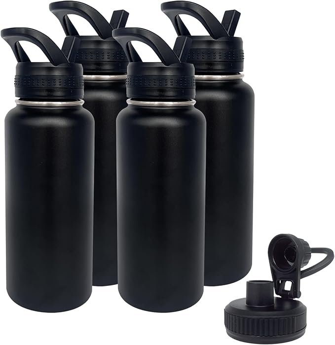 4pack 32 oz Insulated Water Bottle With Straw, Stainless Steel Sports Water Cup Flask with 2 Lids, Wide Mouth Travel Thermal Mug,Black