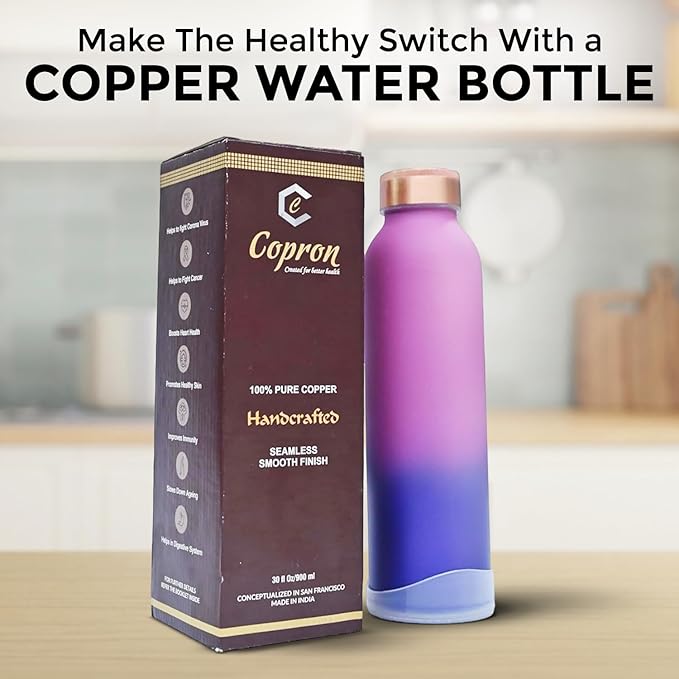 Copper Water Bottle 30 oz 900 ml | 100% Pure Copper With Added Health Benefits | Ergonomic Design | Water Bottle for School, Office | Leakproof, Durable, Lightweight | Easy to Clean, Ombré Pink