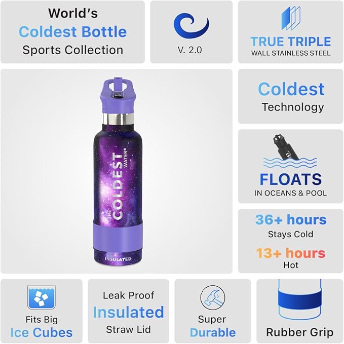 Coldest Water Bottle with Standard Mouth Straw Lid Metal Thermos Vacuum Insulated Stainless Steel l Reusable Leak Proof Cupholder Flask (21 oz, Astro Purple)