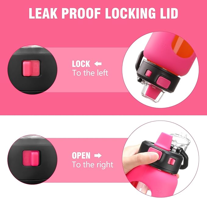 Kodrine 32 oz Glass Water Bottle with Soft Silicone Spout, Locking Lid, and Carry Loop, Rose Red