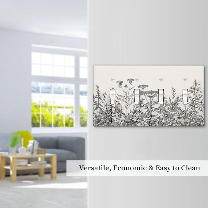 Vintage Grey Floral Herbs Wild Flowers Botanical Quad Toggle Boho Light Switch Covers Decorative Country Unique 4 Gang Wall Plate Electrical Faceplate Switchplate for Bedroom Decor