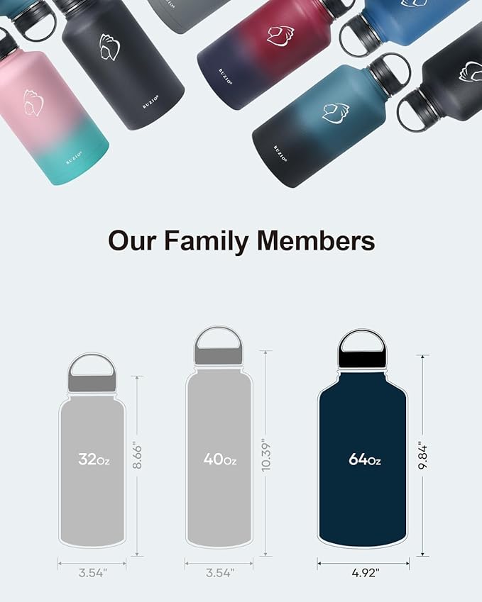 BUZIO Water Bottle with Straw lid, Spout Lid, Hand Lid and Carrying Pouch, 32oz 40oz 64oz Stainless Steel Water Flask Jug, Cold for 48 Hrs Hot for 24 Hrs Double Vacuum Thermo Canteen Mug, BPA-Free