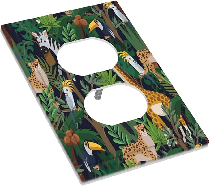 Cartoon Animal Zebra Leopard Giraffe Bird Leaf Single Duplex Wall Plate Covers Nursery Light Switch Cover 1 Gang Outlet Plate Decorative Electrical Receptacle Art Faceplate Switchplate for Kidroom