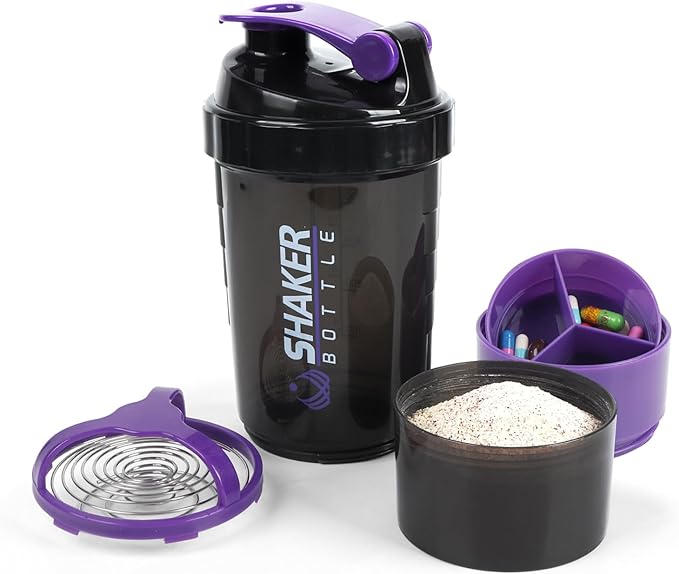 Shaker Bottle - Protein Shaker Cup with Storage Compartments - Leak-proof Workout Shake Bottles with Mixer for Smooth Mixing-500ML/16oz (PURPLE & BLACK)