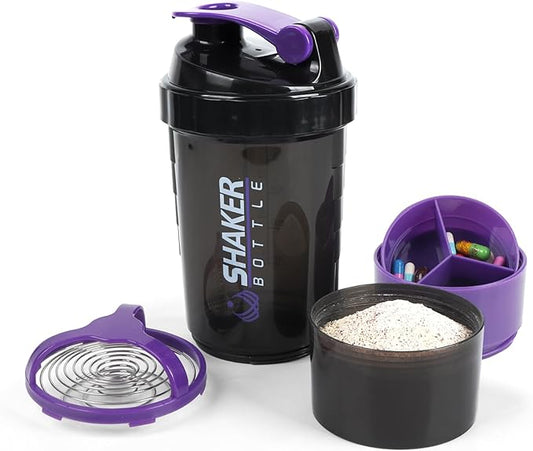 Shaker Bottle - Protein Shaker Cup with Storage Compartments - Leak-proof Workout Shake Bottles with Mixer for Smooth Mixing-500ML/16oz (PURPLE & BLACK)