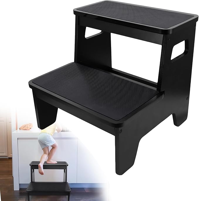 Bamboo Two Step Stools for Adults, Portable Step Stool for Pregnant and Adults with Non-Slip Mat, Foldable Step Stool for Kitchen, Toilet, Bathroom, Bedroom, Camping