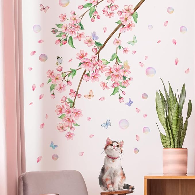 Pink Flower and Cat Wall Stickers - Set of 2, Easy to Apply, Stylish Home Decor