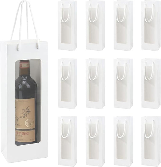 Ssyuysto 12 Pcs White Wine Gift Bags With Handle for Wine Bottles Gifts,4.9"x3.34"x14.1" Sturdy Kraft Paper Wine Bags With Window for Wedding Anniversary Birthday Party Christmas Thanksgiving