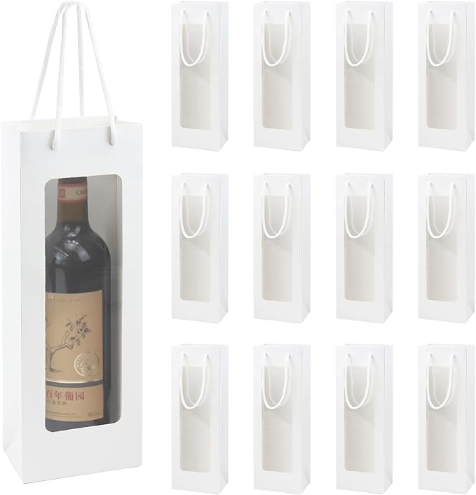 Ssyuysto 12 Pcs White Wine Gift Bags With Handle for Wine Bottles Gifts,4.9"x3.34"x14.1" Sturdy Kraft Paper Wine Bags With Window for Wedding Anniversary Birthday Party Christmas Thanksgiving