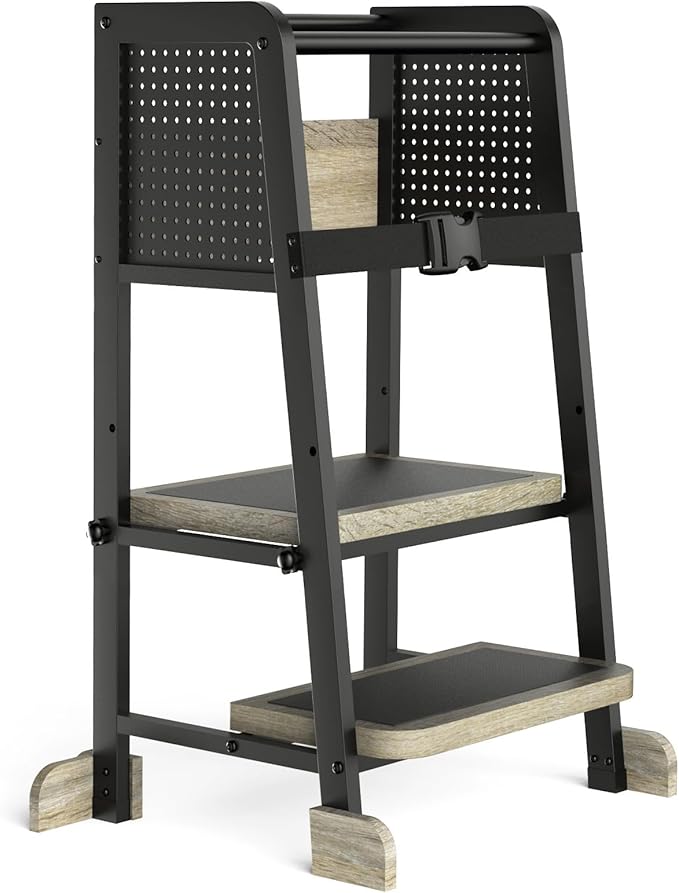 Kitchen Step Stool for Kids, Learning Tower for Toddlers 1-3, Kitchen Tower with Anti-Slip Mat and Adjustable Stand, Wood Metal Standing Stool for Counter, Light Brown and Black