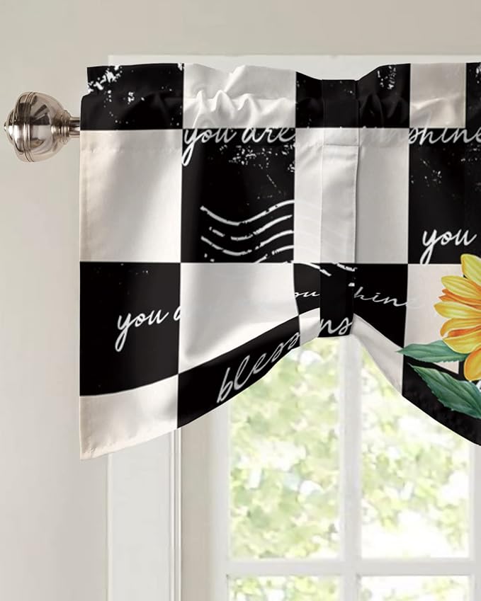 Buffalo Plaid Blackout Tie Up Valance Curtains for Kitchen Windows Farmhouse Sunflower Window Toppers Balloon Shades for Living Room/Bathroom/Bedroom,1 Panel,54" X 18" Autumal Wild Flower