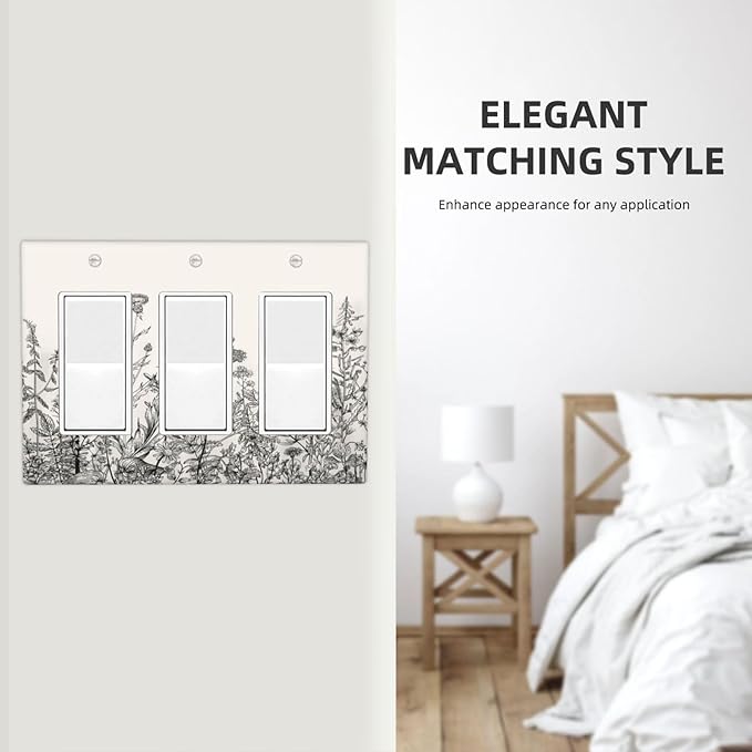 Vintage Grey Floral Herbs Wild Flowers Botanical 3 Gang Rocker Boho Light Switch Covers Decorative Country Unique Triple Outlet Wall Plate Cover Faceplate Decorative Switchplate GFCI