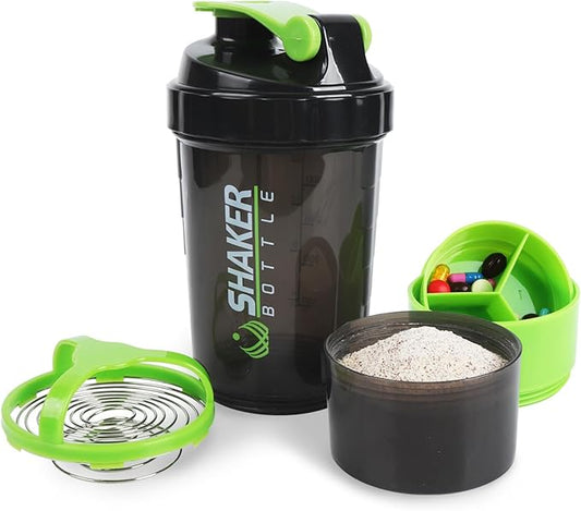 Shaker Bottle - Protein Shaker Cup with Storage Compartments - Leak-proof Workout Shake Bottles with Mixer for Smooth Mixing-500ML/16oz (GREEN & BLACK)