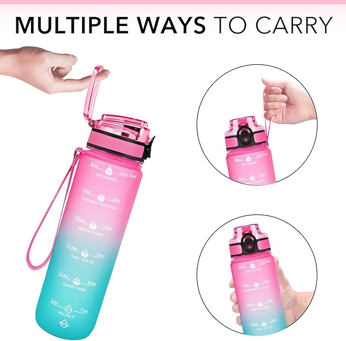 GOSWAG Water Bottles, 32 oz Motivational Sports Water Bottle with Straw and Time Marker to Remind You to Drink, Comes with Carry Strap, Leakproof