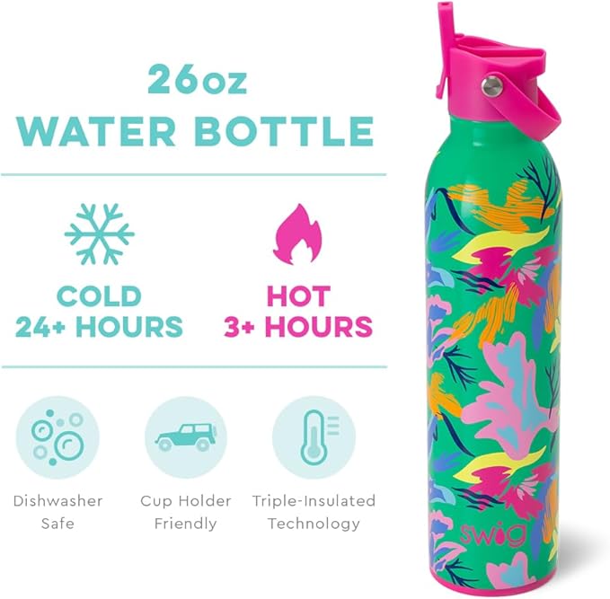 Swig Life 26oz Insulated Water Bottle, Travel Water Bottle with Straw and Lid, Cup Holder Friendly Water Bottles, Stainless Steel Water Bottle, 26 oz Tumbler, Reusable Water Bottle with Lid (Paradise)