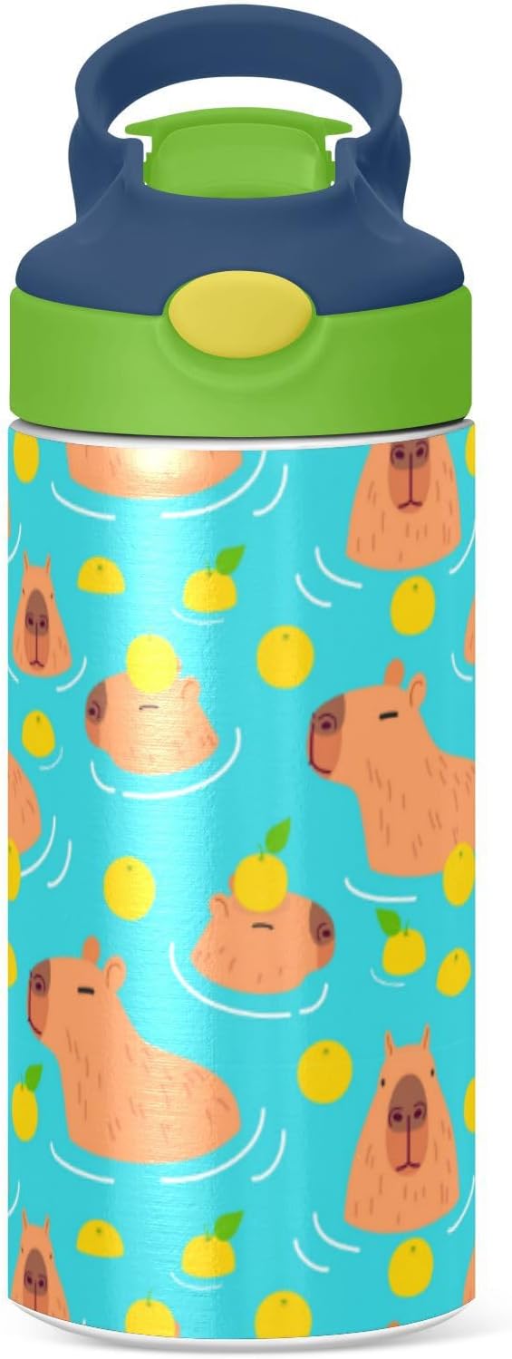 Cute Capybaras Kids Water Bottle with Straw Lemon Insulated Stainless Steel BPA-Free Sport Bottles for Boys Girls Toddlers 12 oz Green Lid