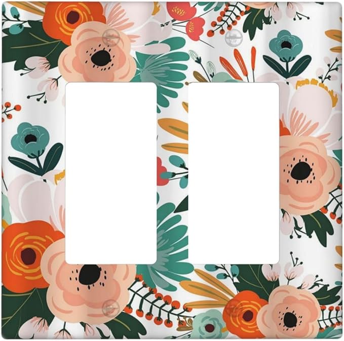 Rustic Floral Boho Colorful Flower 2 Gang Rocker Decora Light Switch Covers Dual Outlet Covers Wall Plate Decorative Switchplate Electrical Faceplate GFCI for Farmhouse Bathroom Bedroom Kitchen Decor