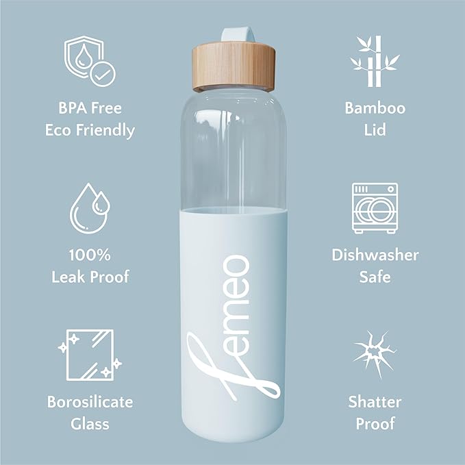 Femeo® Glass Water Bottle for Women | Eco, Yoga & Gym Friendly, 18oz | 100% Leakproof, BPA-Free, Dishwasher Safe, Borosilicate Drinking Glass Bamboo Sports Cap Ice Blue