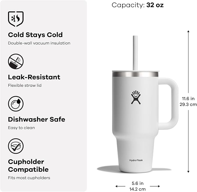 Hydro Flask Travel Tumbler Stainless Steel Vacuum Insulated Tumbler with Lid and Straw for Cold Water and Drinks for Sports, School, Work, Car, Travel, Weekends