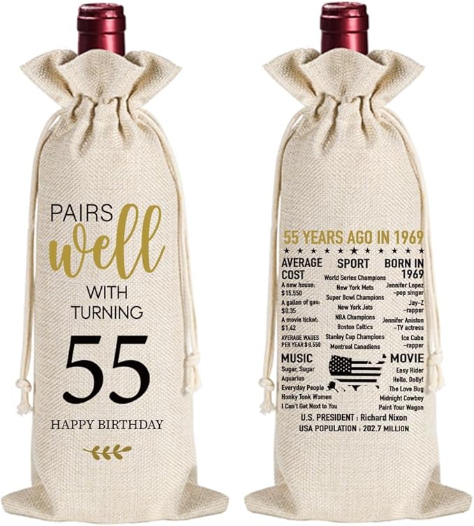 Qubereeree 55th Birthday Gifts for Women Men Funny 55 Year Ago in 1969 Birthday Party Decorations Wine Bags for Mom Dad Grandma Coworker, 55 Year Old Birthday Gifts Vintage 1969 Wine Bag-1