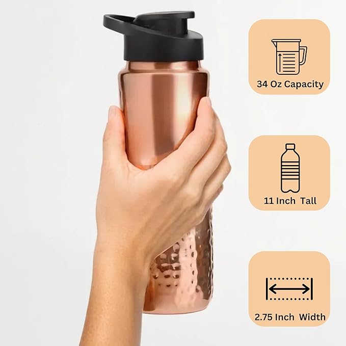 Pure Copper Water Drinking Bottle with Sipper - Copper Hammered Ayurvedic Vessel For Drinking - Drink More Water, Reduce Sugar Intake - Ayurveda Health Benefits - 34 Oz